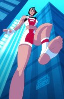 breasts drawing giantess city mega color large_breasts toes barefoot buildings brunette brown_eyes gloves short_hair muscles shorts abs looking_down towering costume doom_patrol top hairband dc_comics bare_legs bare_midriff elasti_girl rita_farr dajam22