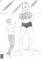 breasts drawing growth giantess monochrome large_breasts long_hair butt toes barefoot camel_toe ponytail mini_giantess shorts pants indoors top ripped_clothing hands_on_hips looking_at_tiny bare_midriff millmacart1