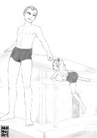 breasts drawing growth giantess monochrome large_breasts long_hair butt toes barefoot buildings climbing underwear multiple_sizes ponytail muscles bulge shorts leaning_against_building indoors top ripped_clothing pointing looking_at_tiny bare_midriff millmacart1