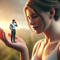 breasts gentle giantess mega blonde jeans brunette romantic looking_at_tiny on_palm ai_art
