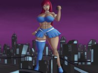 breasts drawing giantess panties city mega color long_hair blue_eyes handheld cleavage skirt huge_breasts giganta red_hair boots muscles abs skyscraper batman night thighs fist high_way choker costume bracelet future dc_comics bare_legs bare_midriff svenyatta yourmaskedditto batman_beyond