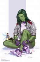 breasts drawing wings color shoes brunette gloves green_hair short_hair sitting muscles shrunken_woman comic_cover avengers thighs jacket costume closed_eyes legs_crossed zipper no_background green_skin janet_van_dyne she-hulk bare_legs marvel_comics the_wasp on_thigh inhyuklee