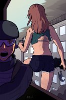drawing giantess city mega color long_hair butt destruction handheld rampage bra gun buildings brunette brown_eyes shorts ripped_clothing behind_view swat_team helmet bare_legs bare_midriff mcdead11