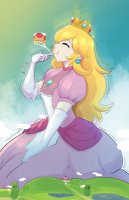 breasts drawing growth giantess giga mega blonde color long_hair princess_peach shoes castle gloves dress kneeling crown lake super_mario clouds closed_eyes earrings mega_mushroom rororenro