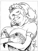 breasts drawing nipples giantess monochrome long_hair cleavage huge_breasts dress unknown_artist crown shrunken_man hugging closed_eyes bracelet source_needed no_background