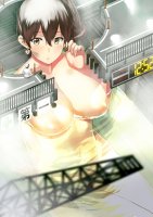 breasts drawing nipples giantess nude mega black_hair color large_breasts cleavage water wet brown_eyes short_hair unknown_artist uniform indoors earrings source_needed catwalk looking_at_tiny