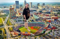 breasts giantess collage city barefoot buildings brunette sandals shorts bus vehicles looking_at_viewer bracelet baseball_field