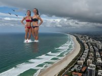 bikini breasts giantess collage city mega long_hair swimsuit beach cleavage buildings helicopter brunette unknown_artist giantesses hands_on_hips source_needed wading