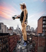 breasts giantess city destruction beach handheld buildings shoes couple socks unknown_artist vehicles thighs truck orange_hair source_needed baseball_cap debris bare_legs
