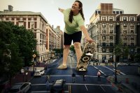 breasts giantess city mega long_hair buildings shoes brunette street unknown_artist bbw shorts vehicles source_needed skateboard bare_midrif