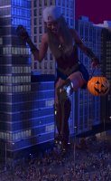 breasts giantess city mega long_hair rampage skirt buildings brunette boots foot_crush halloween cosplay dark_skin night wonder_woman crowds bracelet running_away baseball_cap imminent_crush digital_render dc_comics bare_legs looking_at_tinies pumpkin_bucket allthesizepuns