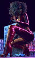 breasts giantess mega butt cleavage high_heels buildings brunette street police boots pants dangle dark_skin leather night crouching police_car pinched looking_at_tiny digital_render bare_midriff police_officer allthesizepuns