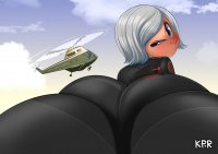 drawing giantess white_hair mega color blue_eyes helicopter angry ginormica short_hair clouds thighs monsters_vs_aliens freckles jumpsuit on_butt thick_thighs landing looking_at_tiny susan_murphy dreamworks kisparlius