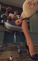breasts black_hair large_breasts skirt high_heels glasses blood asian sitting office shrunken_man pen chair shirt point_of_view legs_crossed looking_at_tiny digital_render hair_bun bare_legs office_chair allthesizepuns therapist