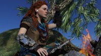 breasts giantess mega black_hair long_hair swimsuit cleavage brunette tree red_hair sitting fire shrunken_woman dangle horizon bow braid necklace imminent_vore hill arrows pinched digital_render aloy giantess-stalker