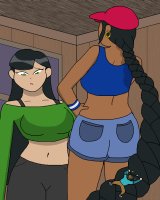 breasts drawing black_hair color long_hair green_eyes climbing asian shorts shrunken_man pants dark_skin thighs indoors hat braid earrings top hands_on_hips arias87 bare_legs bare_midriff cartoon_network codename_kids_next_door kuki_sanban abigail_lincoln
