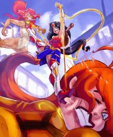 breasts drawing giantess furry tail city mega black_hair color long_hair armor blue_eyes sword skirt high_heels buildings smiling cheetah giganta red_hair ponytail boots kick fighting cat_girl costume wonder_woman closed_eyes bracelet tiara orange_hair lasso shield dc_comics bare_legs cosmikaizer