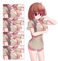 breasts drawing giantess comic color large_breasts cleavage red_eyes breast_crush brunette collar shrunken_man falling pants dangle chain shirt ripped_clothing dropped no_background looking_at_tiny bare_legs cupping_breasts between_breasts misumi