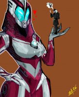breasts drawing giantess white_hair mega alien color large_breasts handheld couple gloves trenchcoat halloween tali mask pants cosplay thighs hat ultraman knife hands_on_hips hood thick_thighs no_background looking_at_tiny hook mass_effect talizorah on_palm quarian blade turian garrus garrus_vakarian maxeralfa017 ultrawoman puppetmaster