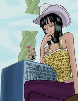 breasts drawing giantess manga blonde black_hair color one_piece cleavage smiling unknown_artist sitting shrunken_man pants dark_skin clouds hat closed_eyes source_needed legs_crossed