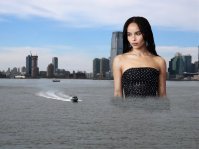 breasts giantess collage city mega black_hair long_hair water ocean buildings dress boats dark_skin tattoo earrings zoe_kravitz