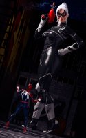 breasts giantess white_hair claws smiling ponytail shrunken_man mask night thighs indoors costume stars hands_on_hips looking_at_tiny digital_render black_cat spider-man marvel_comics shrinking_gun peter_parker felicia_hardy ds-sael