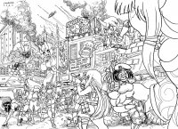 breasts drawing giantess vore horns city mega monochrome long_hair butt destruction handheld rampage gun skirt buildings military tank oni uniform reaching luna giantesses smoke hat soldiers belt sign kaiju pointed_ears looking_at_tinies shabazik