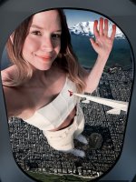 breasts giantess collage city mega long_hair destruction cleavage shoes brunette brown_eyes unknown_artist pants top source_needed plane_view bare_midriff