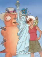 breasts drawing giantess white_hair tail mega color skirt smiling ginormica sunglasses hat monsters_vs_aliens statue_of_liberty hands_on_hips on_shoulder kaiju bare_legs susan_murphy dreamworks antennae blob doctor_cockroach b.o.b. missing_link insectosaurus lizzy1e
