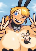 breasts drawing giantess blushing mega blonde black_hair color cleavage high_heels huge_breasts stockings smiling cake ponytail short_hair kneeling shrunken_woman bunny_suit thighs choker hands_on_hips winking birthday_cake on_breasts noillart