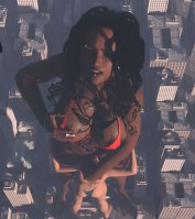 bikini giantess panties giga city mega black_hair long_hair butt swimsuit sex toes barefoot buildings brunette multiple_sizes couple piercings dark_skin thighs tattoo dreadlocks digital_render cupping_breast kingoffrogs