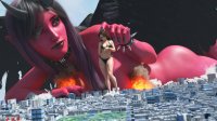 bikini breasts giantess nude giga horns wings city mega black_hair long_hair butt destruction buildings demon brunette multiple_sizes lying_down fire demoness glass collar giantesses thighs bracelet red_skin sharp_nails black_nails pointed_ears spikes digital_render