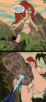 breasts drawing giantess mega comic color long_hair butt cleavage bra green_eyes godzilla red_hair boots jungle mountains thighs palm_trees point_of_view ripped_clothing dialogue imminent_crush fur_boots kaiju loincloth bare_legs laser_blast bare_midriff dncsamsonart