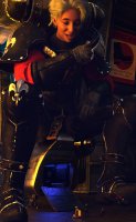 breasts giantess mega blonde armor blood gloves gore short_hair boots sitting foot_crush aircraft backpack sign warhammer_40k digital_render looking_at_tinies janitor allthesizepuns sister_of_battle ultra_marine adepta_sororitas