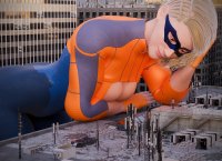 breasts giantess city mega blonde space large_breasts butt cleavage buildings superhero gloves short_hair mask thighs costume bending_down zipper looking_at_tiny digital_render high_rise justablenderusername
