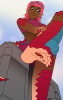 breasts drawing giantess tail city mega color toes barefoot buildings pink_hair gore pink_eyes shorts dark_skin earrings top looking_at_viewer tiara scales legs_crossed sitting_on_building stuck_to_foot kaiju pointed_ears bare_legs bare_midriff electriccleric emgora