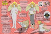 breasts drawing giantess nude pussy tail wings angel blonde color tongue toes barefoot demon yellow_eyes red_hair short_hair foot_crush fangs shrunken_woman pants top halo belt sharp_teeth white_skin red_skin eyepatch bare_midriff akina borrowerelectric reference_sheet bandage_wraps