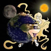 breasts drawing giantess earth giga blonde space color long_hair destruction blue_eyes planet toes high_heels grinning goddess smiling moon sun thighs earrings belt stars poking pointed_ears cosmic_giantess borrowerelectric