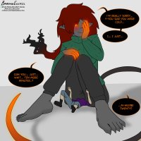 breasts drawing giantess blushing tail color toes barefoot butt_crush embarrassed red_hair sitting yellow_hair shrunken_woman pants dark_skin dialogue no_background pointed_ears borrowerelectric kola