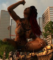 breasts giantess vore city mega black_hair swimsuit barefoot cleavage gun buildings huge_breasts brunette military tank red_hair police piercings bus falling dark_skin thighs crouching tattoo choker dreadlocks bracelet running_away crane digital_render mass_vore kingoffrogs