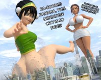 breasts giantess city mega black_hair large_breasts butt destruction blue_eyes toes barefoot cleavage bra skirt buildings butt_crush brunette short_hair bottomless giantesses dark_skin thighs shrunken_city avatar toph top katara dialogue hands_on_hips avatar_the_last_airbender digital_render bare_legs bare_midriff anttiergod