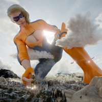 breasts giantess giga city mega blonde large_breasts destruction blue_eyes handheld rampage cleavage buildings military superhero multiple_sizes gloves red_hair short_hair boots kneeling jets giantesses mask vehicles clouds thighs costume jumpsuit hands_on_hips zipper titania pinched looking_at_tiny digital_render high_rise justablenderusername