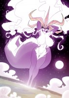 breasts drawing giantess white_hair nude furry earth giga horns tail space color long_hair demon huge_breasts goddess skunk smiling moon crown queen clouds thighs chloe stars jollyjack glowing_eyes electricity cosmic_giantess