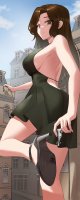 breasts drawing giantess city mega color large_breasts long_hair butt destruction handheld high_heels buildings brunette brown_eyes dress foot_crush vehicles thighs vehicle_crush looking_behind leaning_on_building bare_legs kkasi00