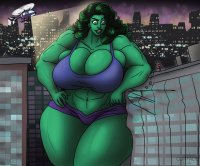breasts drawing giantess city mega color large_breasts destruction cleavage bra buildings helicopter green_eyes smiling green_hair muscles shorts abs night thighs leaning_against_building costume she_hulk thick_thighs green_skin spotlight looking_at_tiny spider-man marvel_comics peter_parker confade