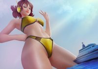 bikini breasts drawing giantess giga mega color swimsuit blue_eyes water ocean wet brunette smiling cruise_ship thighs ships hands_on_hips janet_van_dyne bare_legs yellow_nails marvel_comics the_wasp bare_midriff avengers_earths_mightiest_heroes ondieony