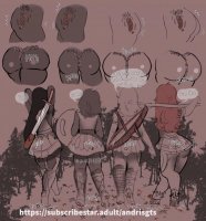 drawing giantess monochrome black_hair butt sword skirt blood red_hair foot_crush cruel giantesses forest dark_skin thighs bow trees dialogue source_needed behind_view shield human_panties human_clothing andrisgts human_buttplug