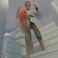 breasts giantess city mega toes barefoot rampage buildings angry brunette star_wars pants clouds fist point_of_view belt imminent_crush digital_render rey_(star_wars) hpmw-fan45