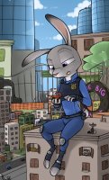 drawing giantess furry city color tongue bunny handheld buildings purple_eyes mouse paws gloves police vehicles disney road belt sitting_on_building judy_hopps zootopia police_officer sinrar