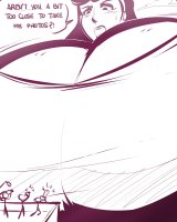 breasts drawing giantess mega monochrome color large_breasts long_hair cleavage buildings camera xanafar dialogue hairband looking_at_tinies spunkbug perky_towers